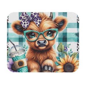 May include: A whimsical illustration of a Highland cow wearing teal glasses and a leopard print bow. The cow is surrounded by sunflowers and a teal and white checkered background. A teal cup of iced coffee with a sunflower design is also present.