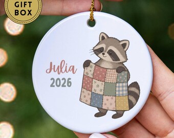 Personalized Quilting Ornament, Raccoon Quilter Ornament, Custom Quilter Christmas Gift, Sewing Keepsake, Quilt Lover Ornament, Raccoon Gift