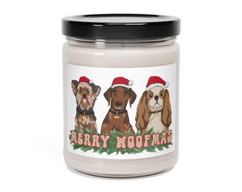 Merry Woofmas Scented 9oz Candle, Dog Lover Candle, Gift for Dog Mom, Scented Soy Candle, Dog Home Decor Gift, Puppy Candle, Santa Dogs