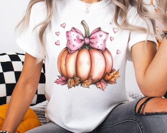 Comfort Colors® Fall Pumpkin Coquette Bow Shirt, Coquette Halloween Shirt, Pink Bow, Halloween Pumpkin Shirt, Cute Fall Shirt for Woman