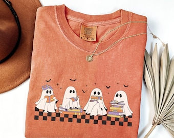 Comfort Colors® Cute Ghost Reading Book Halloween Tshirt, Ghost Reading Book Girly Shirt, Ghost Girly Halloween Gift, Trendy Halloween Gift