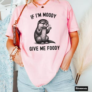May include: Pink t-shirt with a black and white illustration of an otter. The text on the shirt reads "If I'm Moody Give Me Foody".