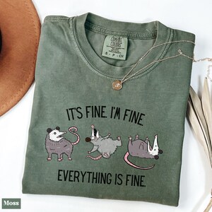Puede incluir: Camiseta verde con un gr&aacute;fico de tres zarig&uuml;eyas y el texto "Est&aacute; bien. Estoy bien. Todo est&aacute; bien."