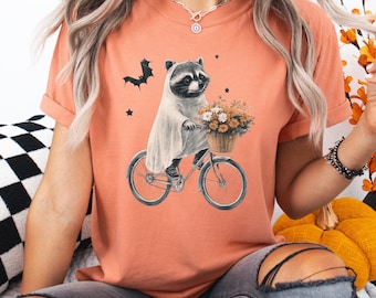 Raccoon Halloween Shirt, Retro Raccoon Crewneck, Halloween Shirt, Ghost Raccoon Riding Bike, Cute Spooky Season T-Shirt, Funny Raccoon Shirt
