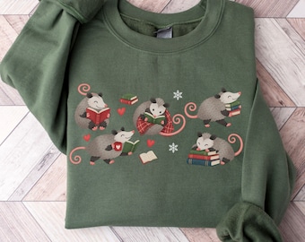 Cute Opossum Reading Sweatshirt, Book Lover Graphic Tee, Dark Academia Animal Shirt, Librarian Gift, Book Club Shirt, Winter Reader Shirt
