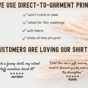 Pu&ograve; includere: Uno sfondo bianco con testo nero che recita "WE USE DIRECT-TO-GARMENT PRINT" e elenca quattro vantaggi di questo metodo di stampa: non si crepa n&eacute; si sfalda, classificato per 50 lavaggi o pi&ugrave;, tessuto morbido e stampa all'avanguardia. Sotto il testo, uno sfondo marrone chiaro con il testo "CUSTOMERS ARE LOVING OUR SHIRTS!" e due recensioni dei clienti con valutazioni a cinque stelle.