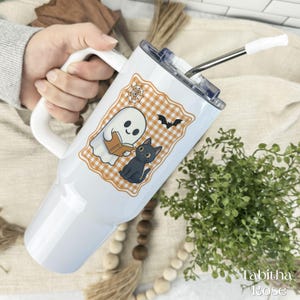 Cute Ghost Reading Tumbler, Halloween Bookish 40oz Tumbler, Reader Tumbler, Halloween Travel Tumbler, Book Lover Gifts, Black Cat Tumbler