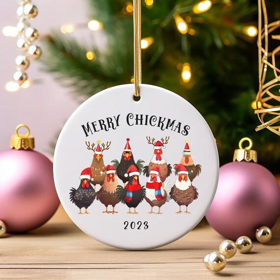 Chicken Christmas Ornament, Porcelain Ornament, Merry Chickmas Chicken Lady Gift, Chicken Lover Tree Decor, Christmas Chicken Home Decor