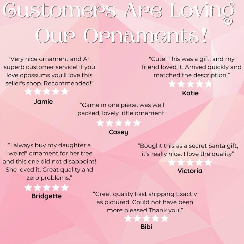 May include: Customers are loving these ornaments!  A pink background with customer reviews and star ratings.  The reviews highlight the quality, shipping, and customer service.  The text reads: "Customers Are Loving Our Ornaments!"