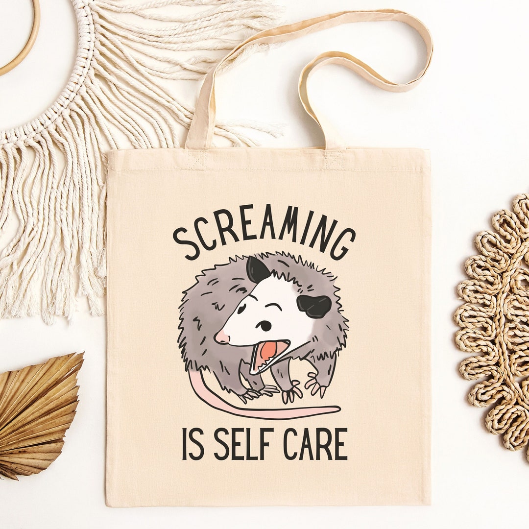 Screaming Opossum Canvas Tote Bag, Opossum Gift Bag, Cotton Canvas