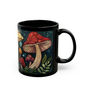Paddestoel 11oz zwarte mok, Cottagecore paddestoel mok, paddestoel mok cadeau voor vriend, Goblincore koffiemok, kleurrijke mok Cup cadeau