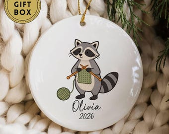 Personalized Knitting Ornament, Raccoon Knitting Ornament, Friend Christmas Gift, Gift For Knitter, Knitting Yarn Xmas, Gift for Her