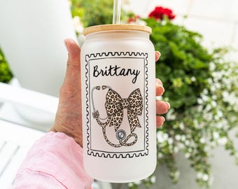 Personalized Nurse Tumbler, Custom 16oz Glass Tumbler With Name, Gift for Her, New Nurse Graduation Gift, Leopard Stethoscope Tumbler