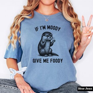 May include: A blue t-shirt with a graphic of an otter and the text "If I'm Moody Give Me Foody".
