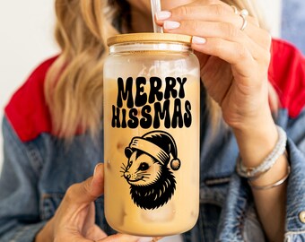 Possum Christmas Glass Tumbler, Merry Hissmas Opossum Glass Tumbler, Funny Possum Iced Coffee Cup with Lid, Personalized Possum Gifts