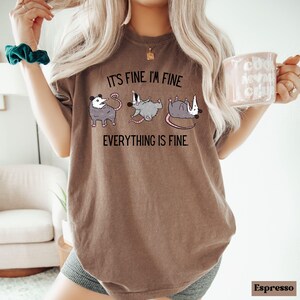 Puede incluir: Una camiseta marr&oacute;n con un gr&aacute;fico de tres zarig&uuml;eyas en diferentes poses. El texto "It's fine. I'm fine. Everything is fine." est&aacute; impreso en la camiseta.