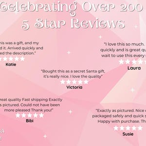 Puede incluir: Un gr&aacute;fico rosa y blanco con el texto "Celebrating Over 200 5 Star Reviews". El gr&aacute;fico presenta valoraciones de cinco estrellas y rese&ntilde;as de clientes de Katie, Laura, Victoria, Bibi y Susie.