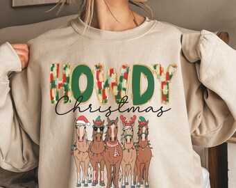 Bluza z kapturem Howdy Christmas Horse, Koszulka z koniem świątecznym, Koszulka świąteczna z motywem konia, Koszulka świąteczna z motywem zwierząt gospodarskich, Prezent dla mamy konia