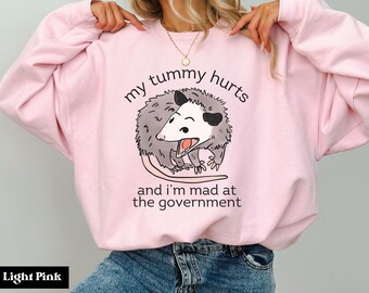 Mein Bauch tut weh Opossum lustiges Sweatshirt, verrückt nach der Regierung Rundhalsausschnitt, Trashcore Sweatshirt, lustiges Geschenk, Possum Rundhals Sweatshirt Top