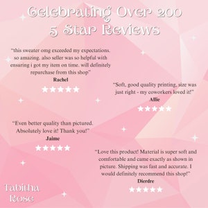 May include: Pink background with white text that reads "Celebrating Over 200 5 Star Reviews".  There are five customer reviews with names and quotes about the product.  Each review has a five-star rating.