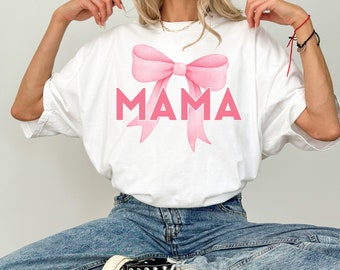 Mamma-tröja, skjorta med komfortfärger, rosa t-shirt med rosett i kokett, mors dag-present, present till henne, skjorta till nybliven mamma, topp till tjejen, rosa mamma-tröja