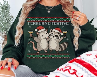 Feral and Festive Ugly Christmas Sweatshirt, Possum Raccoon Christmas Sweatshirt, Funny Possum Shirt, Raccoon Gift, Feral Crewneck
