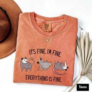 Puede incluir: Una camiseta de color melocot&oacute;n con un gr&aacute;fico de tres zarig&uuml;eyas y el texto "It's fine I'm fine Everything is fine."