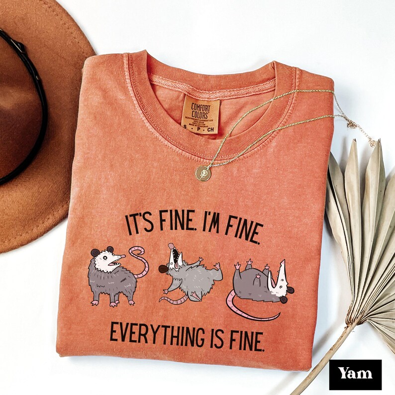 Puede incluir: Una camiseta de color melocot&oacute;n con un gr&aacute;fico de tres zarig&uuml;eyas y el texto "It's fine I'm fine Everything is fine."