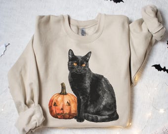 Black Cat Pumpkin Sweatshirt, Fall Sweatshirt, Halloween Sweatshirt, Black Cat Sweatshirt, Vintage Halloween Sweatshirt, Gift for Her