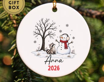 Raccoon Snowman Ornament, Custom Name Ornament, Friend Gift, Cute Raccoon Ornament Gift, Winter Ornament, Personalized Gift, Coworker Gift