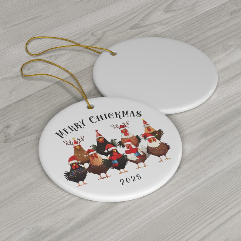 Chicken Christmas Ornament, Porcelain Ornament, Merry Chickmas Chicken Lady Gift, Chicken Lover Tree Decor, Christmas Chicken Home Decor image 3