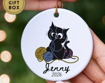 Personalized Knitting Ornament, Black Cat Knitting Ornament, Friend Christmas Gift, Gift For Knitter, Knitting Yarn Xmas, Gift for Her