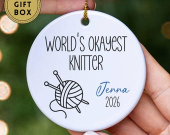 Personalized Knitting Ornament, Worlds Okayest Knitter, Grandma Christmas Gift, Gift For Knitter, Knitting Yarn Xmas, Gift for Her, Gag gift