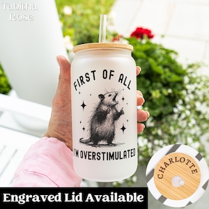 Possum Frosted Glass Tumbler, First of All I'm Overstimulated, Funny Possum Glass Can with Lid, 25oz Glass Tumbler Gift, Trashcore Drinkware