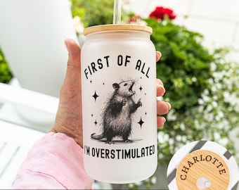 Possum Frosted Glass Tumbler, First of All I'm Overstimulated, Funny Possum Glass Can with Lid, 25oz Glass Tumbler Gift, Trashcore Drinkware