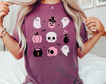 Camisa rosa de Halloween Comfort Colors®, camisas de fantasmas con lazo rosa coquetas, linda remera con gráfico de fantasmas, camisas rosas con vibraciones espeluznantes, linda remera de otoño