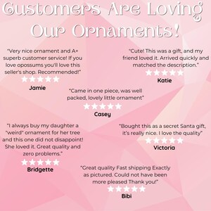 May include: Pink background with the text "Customers Are Loving Our Ornaments!" and customer reviews. Reviews include star ratings and comments about quality, shipping, and satisfaction.