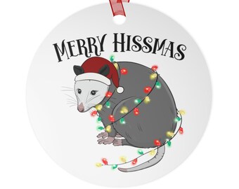 Merry Hissmas Possum Metal Ornament, Funny Opossum Christmas Decor, Santa Possum in Christmas Lights, Gift for Friend, Funny Xmas Gift