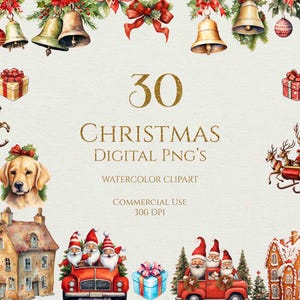 Cute Watercolor Christmas clipart PNG Bundle, Painted Watercolor Christmas Clipart Bundle, Watercolor Christmas Decor Clipart 30 PNG Bundle