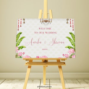 Panneau de bienvenue de mariage en Inde du Sud pour un mariage en télougou, une affiche de bienvenue pour un mariage en tamoul, pour une décoration de feuille de bananier de lotus