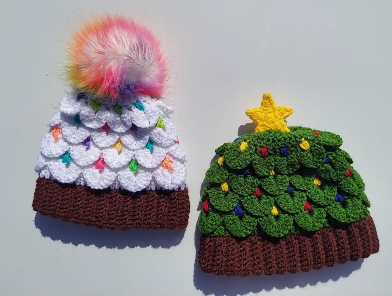 Twinkles & Sprinkles Double Beanie PDF PATTERN ONLY, Christmas tree hat pattern, cupcake hat pattern, holiday hat pattern image 1