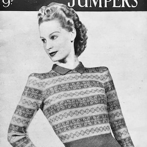 Puede incluir: Un patrón de tejido vintage en blanco y negro para un suéter Fair Isle. El patrón se llama "Bestway Knitting No. 82" y cuesta 9 peniques. El patrón presenta a una mujer usando un suéter Fair Isle con un cuello blanco.