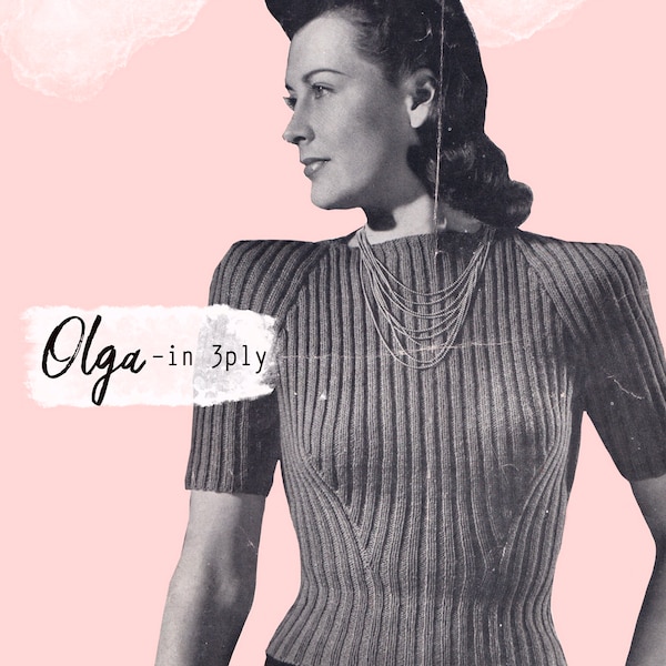 Fitted Ribbed Sweater 1940s Knitting Pattern in 3ply Olga