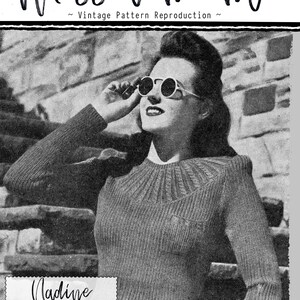 May include: Black and white image of a woman wearing a ribbed knit sweater with a yoke and pocket. The image has the text "Miss Vincent" and "Nadine Stylish Sweater with Yoke and Pocket". The woman is wearing round sunglasses.
