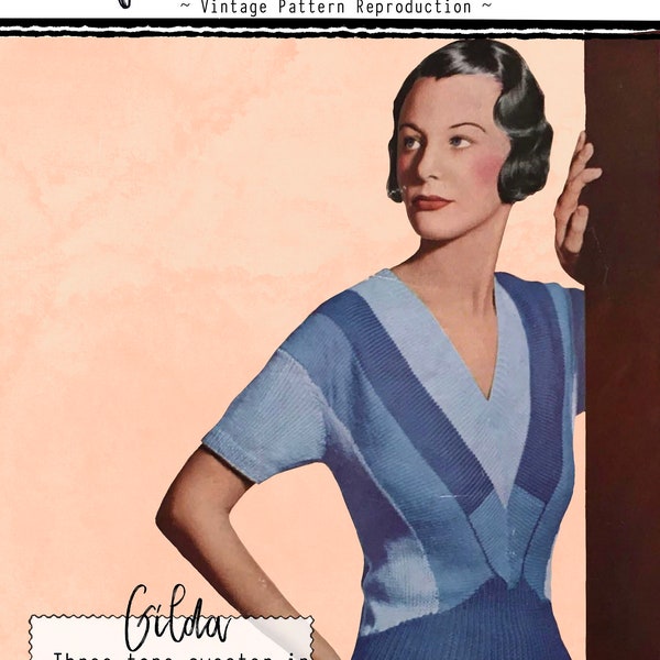 Gilda Vintage 1930s Knitting Pattern Three Tone Sweater