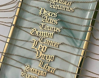 18K Gold Zodiac Name Necklace, Personalized Horoscope Jewelry