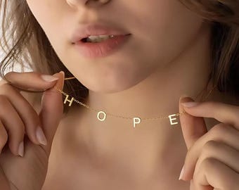 Spaced Letter Necklace • Personalized Initial Name Gold Necklace • 14k Gold Custom Letter Choker • Personalized Gift • Vote Necklace
