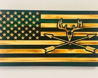 Deer Hunting American Flag | Whitetail Hunter Wooden Flag | Rustic Hunting Wall Decor | Gift for Deer Hunter | Man Cave Decor