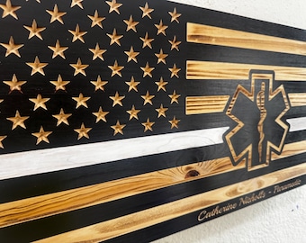 Dunne witte lijn ems houten vlag, ems kunst aan de muur, emt-cadeau, cadeau paramedicus, decor eerstehulpverlener, rustieke ems-vlag
