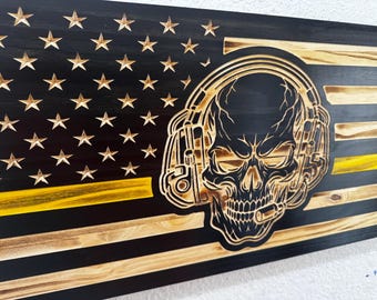 911 Dispatcher Wooden American Flag | Thin Gold Line Wall Decor | Emergency Dispatcher Gift | Telecommunicator Decor